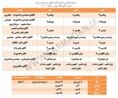 تقویم آموزشی متوسطه اول آموزشگاه سرمدان