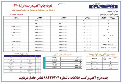 تعرفه چاپ آگهی روزنامه دنیای اقتصاد 1401 - دفتر آگهی ها 88436204